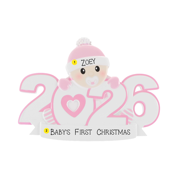 Personalized 2026 Baby Girl's 1st Christmas pink heart ornament with example of Zoey on the baby's hat and Baby's First Christmas on the banner
