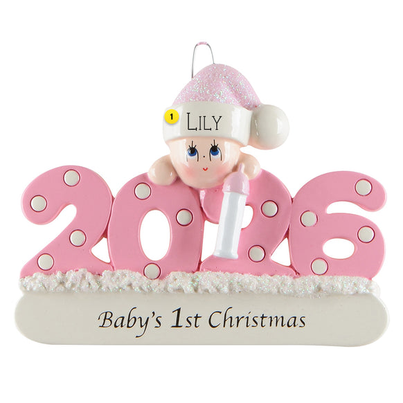 Decorative ornament with '2026' and baby figurine can be personalized on white background