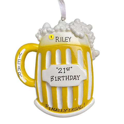 Finally Legal 21st Birthday Ornament Personalized Beer Mug with name and dated 