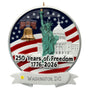 Ornament with American flag, Statue of Liberty, and Capitol building design, celebrating 250 years of freedom.