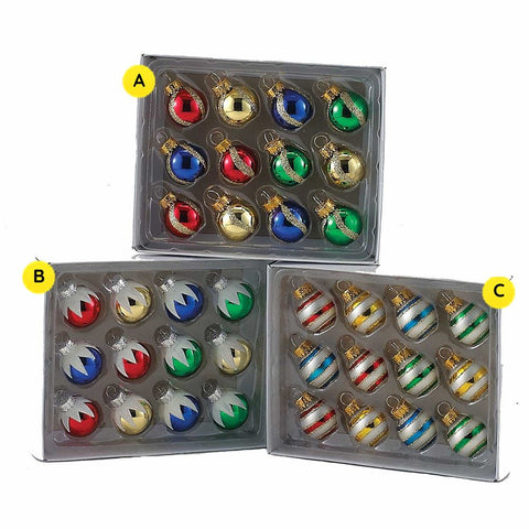 Three boxed sets of mini glass ball ornaments in assorted red, gold, blue, and green designs, including shiny glittered, snowcap, and striped styles.