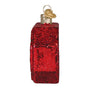 Red 'Oh Fudge' Christmas ornament with a white background side view
