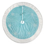48" pastel blue snowflake treeskirt with embroidered white snowflakes, plush white border, and ribbon ties.