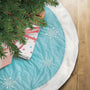 48" pastel blue snowflake treeskirt from Old World Christmas shown under a Christmas tree with wrapped presents.