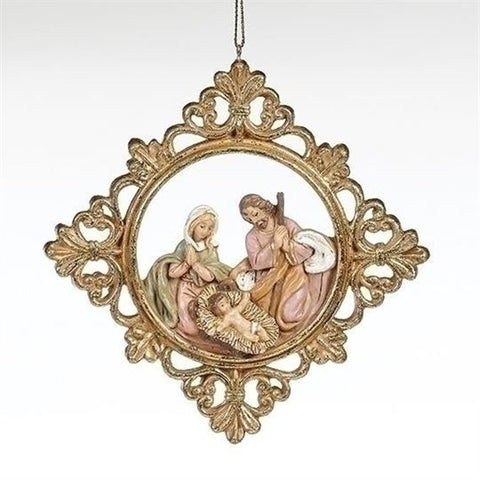 Fontanini 2026 Nativity Ornament featuring Mary, Joseph, and Baby Jesus inside an ornate gold-tone cameo-style frame.