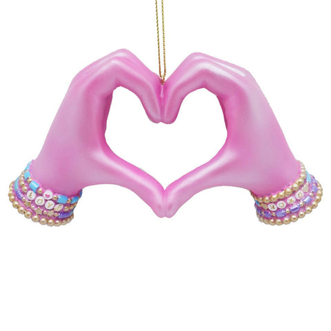 Pink heart hands ornament with two hands forming a heart shape and colorful beaded bracelet details at the wrists.