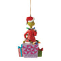Jim Shore Grinch Sitting on Presents wrapped in Lights Christmas Ornaments