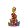 Jim Shore Grinch sitting on Presents wrapped in Lights Christmas Ornament
