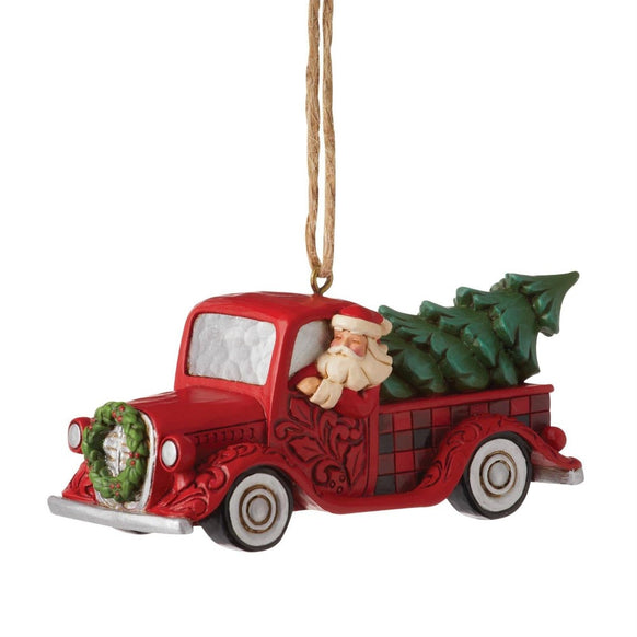 Jim Shore Highland Glen Santa in Red Truck Christmas Tree Ornament