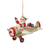 Jim Shore ornament featuring Santa waving from a cream and red airplane with holly accents, gifts in the back, and Merry Christmas written on the side. Front View