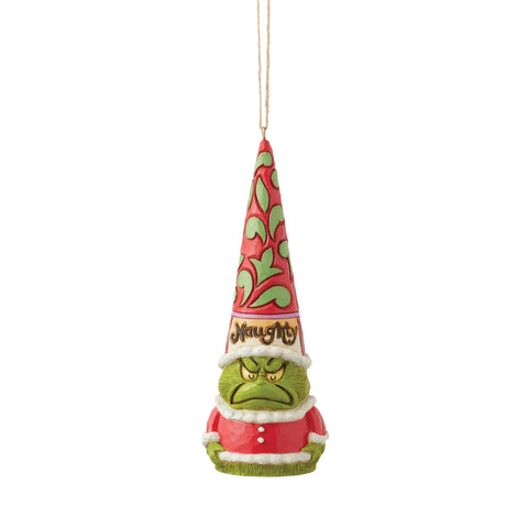 Jim Shore Grinch Naughty/Nice Ornament showing the Grinch scowling beneath a tall red and green patterned Santa hat labeled Naughty.