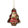 Jim Shore Cookie Cutter Santa Ornament featuring Santa inside a tree-shaped cookie cutter holding a gingerbread cookie, front view.