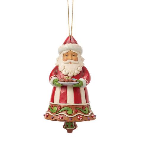 Jim Shore Gingerbread Santa Bell Ornament featuring Santa holding a tray of cookies with candy-inspired trim, front view.