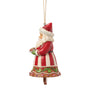 Side view of Jim Shore Gingerbread Santa Bell Ornament showing Santa’s red coat, cookie tray, and bell-shaped design.