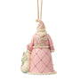 Back view of Jim Shore Sweets Santa Bag of Candy Ornament showing Santa’s pastel pink coat with quilted detailing and candy-inspired accents.