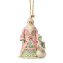 Front view of Jim Shore Sweets Santa Bag of Candy Ornament featuring Santa in a pink coat holding a pastel candy-decorated tree and treat bag.