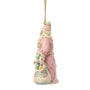 Side view of Jim Shore Sweets Santa Bag of Candy Ornament with Santa carrying a pastel treat bag filled with candy and sweets.