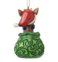 Back view of licensed Dated 2026 Rudolph in Santa’s Bag Ornament showing Rudolph wearing a Santa hat inside a green patterned sack.