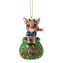 Front view of licensed Dated 2026 Rudolph in Santa’s Bag Ornament featuring Rudolph peeking out of a green sack with the year 2026 on the front.