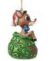 Side view of licensed Dated 2026 Rudolph in Santa’s Bag Ornament showing Rudolph in a Santa hat with blue bow inside a festive green sack.