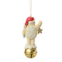 Back view of licensed Bumble on Bell Jim Shore ornament featuring Bumble standing on a golden bell with blue scroll accents and Santa hat.