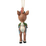Back view of licensed Rudolph with Wreath Ornament showing Rudolph’s tail, blue scroll details, and cardinal perched on his head.