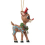 Front view of licensed Rudolph with Wreath Ornament showing Rudolph wearing a holiday wreath with pinecones, berries, and a silver bell.