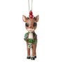 Side view of licensed Rudolph with Wreath Ornament featuring Rudolph with a festive wreath, silver bell, and red cardinal on his head.
