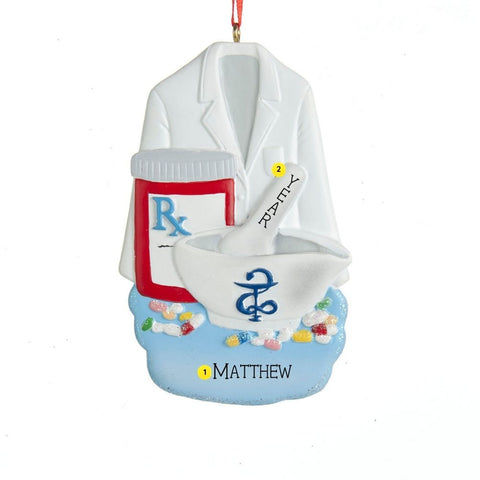 Personalized pharmacist ornament with a white lab coat, prescription bottle, mortar and pestle, colorful pills, and custom name and year.