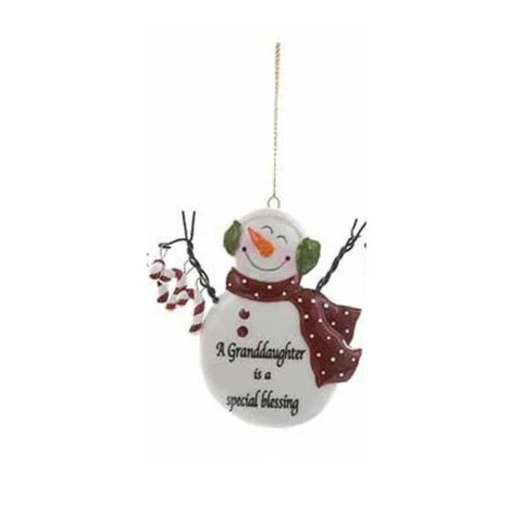 Snowman ornament with red scarf and the words “A Granddaughter is a special blessing.”