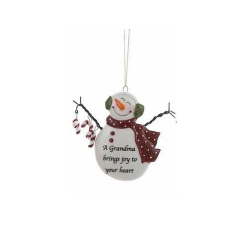 Snowman ornament with red scarf and the words “A Grandma brings joy to your heart.”