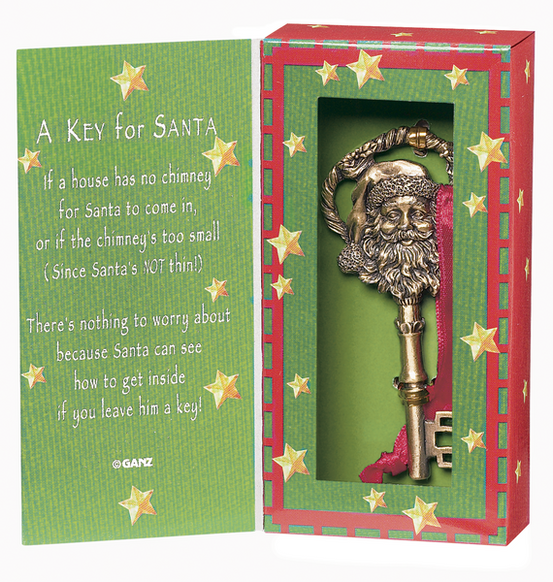A Key for Santa ornament displayed in a green and red gift box with a poem about leaving Santa a key on Christmas Eve.