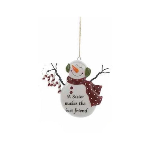 Snowman ornament with red scarf, candy canes, and the words “A Sister makes the best friend.”