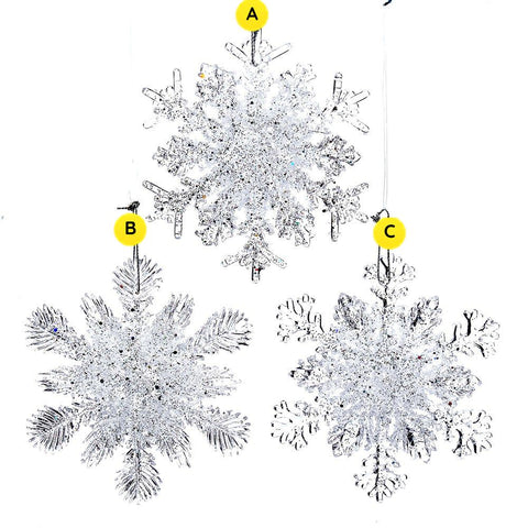 Clear glitter snowflake ornaments in three styles including classic, pine needle, and lace designs for Christmas tree decorating.