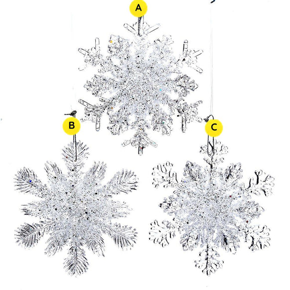 Clear glitter snowflake ornaments in three styles including classic, pine needle, and lace designs for Christmas tree decorating.