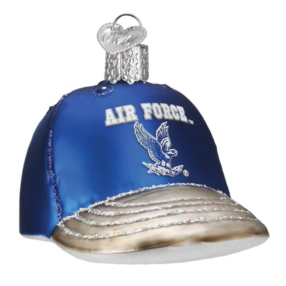 Decorative ornament of a blue Air Force cap with an eagle emblem on a white background