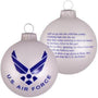 White glass U.S. Air Force bulb ornament with blue emblem and verse on back, shown as a personalized military Christmas ornament.