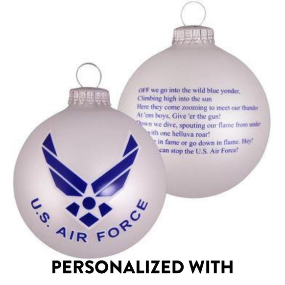 White glass U.S. Air Force bulb ornament with blue emblem and verse on back, shown as a personalized military Christmas ornament.