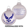 White glass U.S. Air Force bulb ornament with blue emblem and verse on back, shown as a personalized military Christmas ornament.
