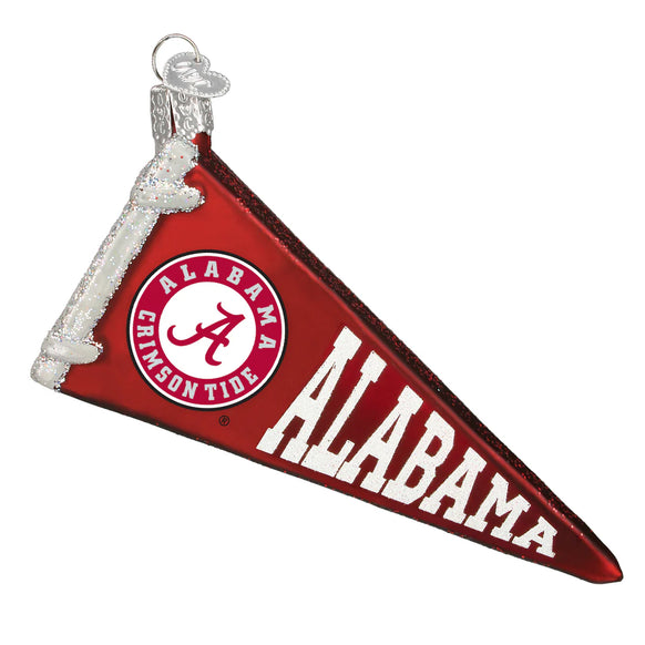Decorative ornament shaped like a red Alabama Crimson Tide pennant with white text on a white background.