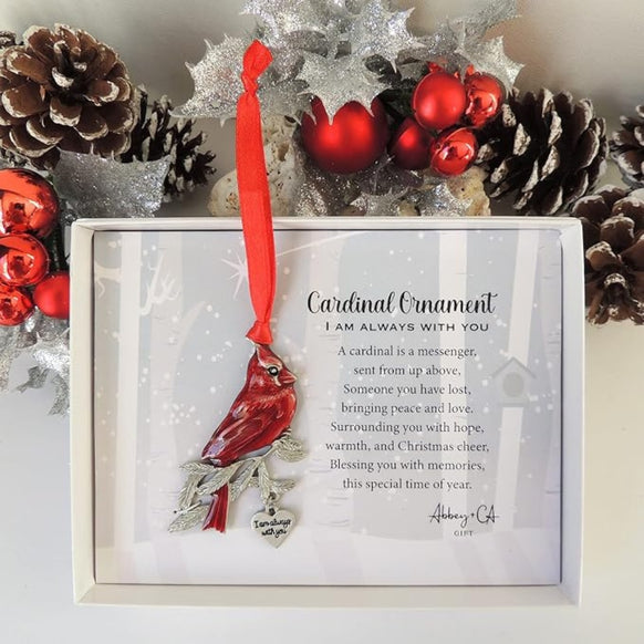 Always With You Cardinal Memorial Ornament in gift box with red cardinal, red ribbon, hanging heart charm, and memorial sentiment card.