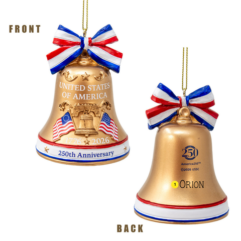 Personalized America 250th Anniversary Liberty Bell ornament showing a name added to the back beneath the commemorative logo.
