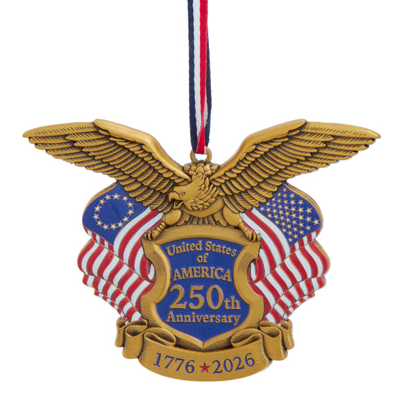 Patriotic America 250th Anniversary ornament featuring a gold eagle with spread wings above a blue shield, waving American flags, and 1776–2026 wording.