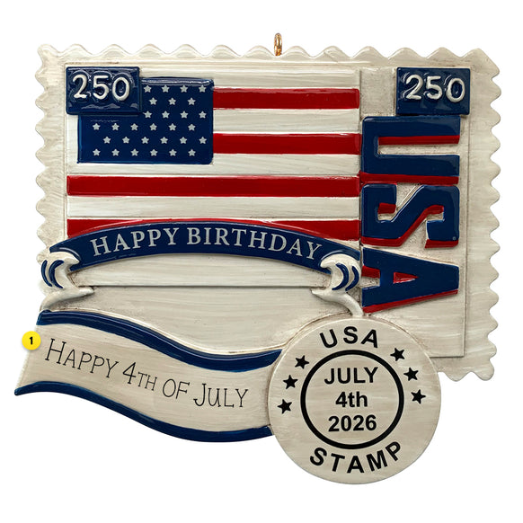Ornament with American flag design, 'Happy Birthday USA'text.