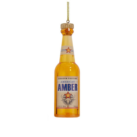 Acrylic ornament shaped like an amber beer bottle with a vintage-style American Amber label and gold hanging string.