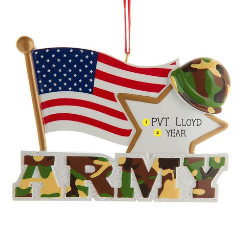 Personalized Army ornament shaped like a star with the American flag, camouflage Army lettering, a soldier helmet, and space for a name and year.
