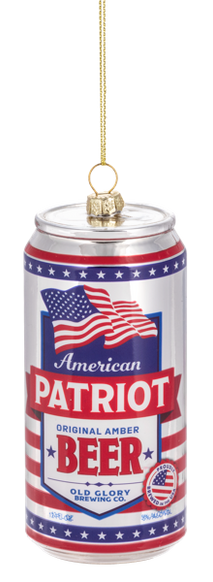 Glass ornament shaped like a red, white, and blue beer can labeled “American Patriot Beer,” featuring waving American flags and patriotic stars and stripes details.