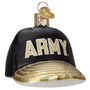 Glass ornament shaped like a black cap with 'ARMY' printed on it, featuring gold accents.