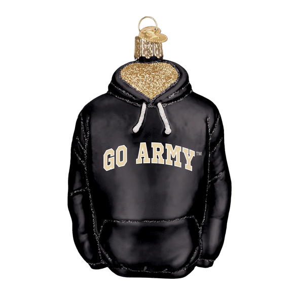 Black hoodie ornament with 'GO ARMY' text on a white background
