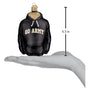 Black hoodie ornament with 'GO ARMY' text, displayed on a hand with measurement indicator.